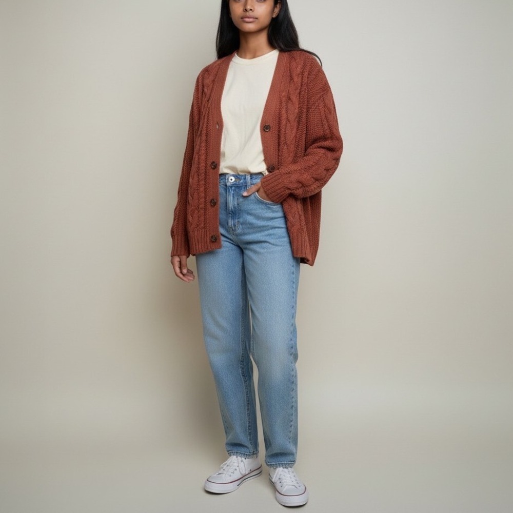 NWOT Quince Organic Cotton Oversized Cable Cardigan Redwood Brown M